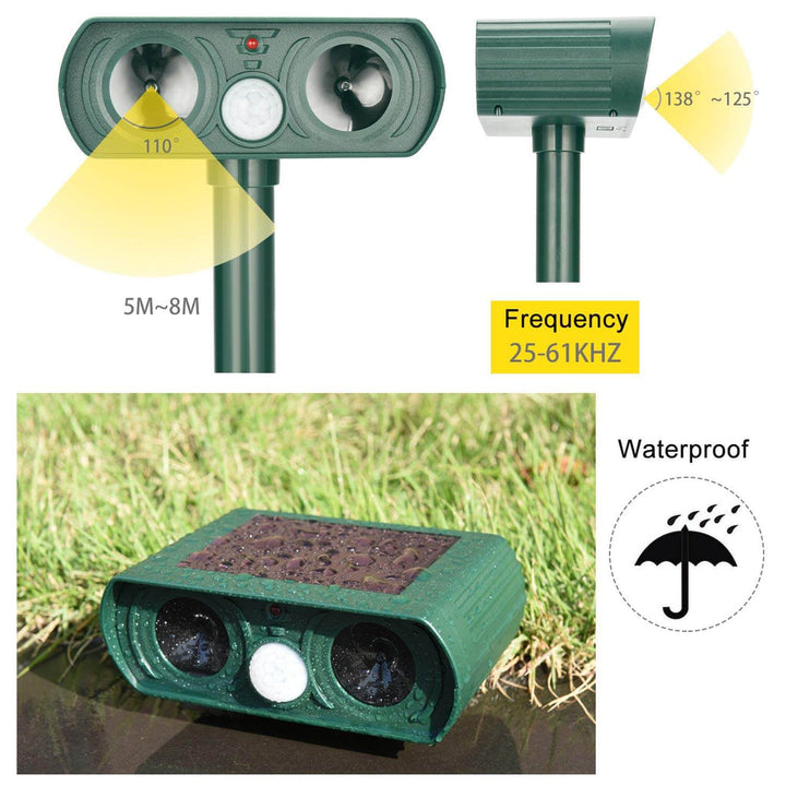 Zonne-ultrasone dierenverjager met infraroodsensor en PIR, efficiënte en weerbestendige dierenafweer in de tuin.