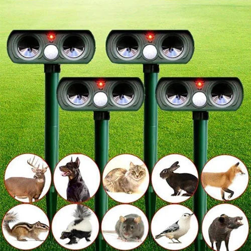 Zonne-ultrasone dierenverjager met infraroodsensor en PIR, efficiënte en weerbestendige dierenafweer in de tuin.