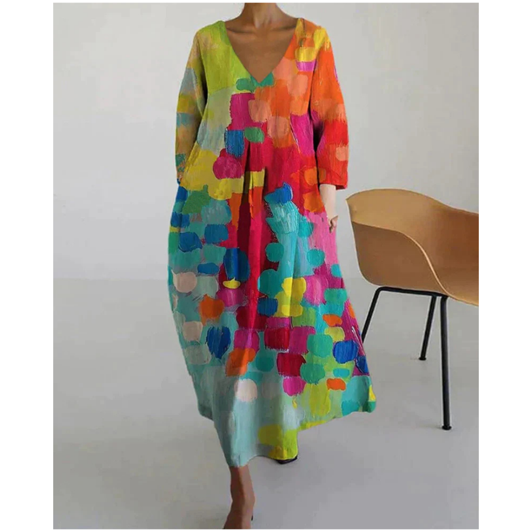 Zomerjurk met V-hals, bloemenprint, 3/4-mouwen, lichtgewicht materiaal, ideaal voor tuinfeesten en zomeruitstapjes.