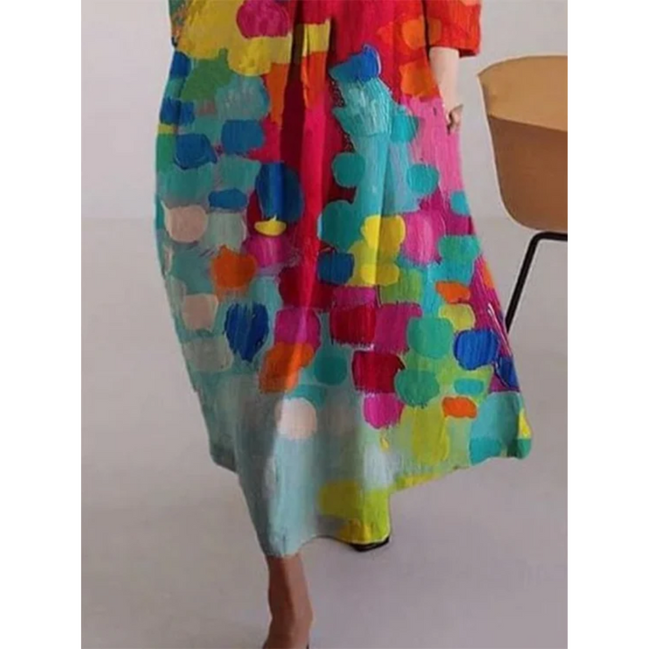 Zomerjurk met V-hals, bloemenprint, 3/4-mouwen, lichtgewicht materiaal, ideaal voor tuinfeesten en zomeruitstapjes.