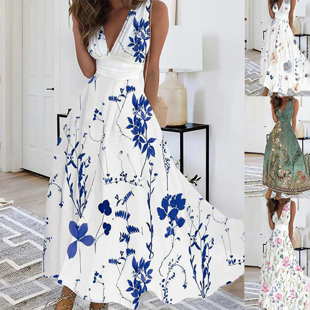 Zomerse maxi-jurk voor dames met V-hals en bloemenprint, soepel en comfortabel voor warme dagen.