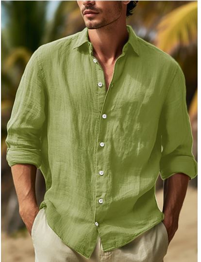 Linnen overhemd voor heren in zwart-wit-roze, lange mouwen met revers en knoopsluiting, elegant en comfortabel.