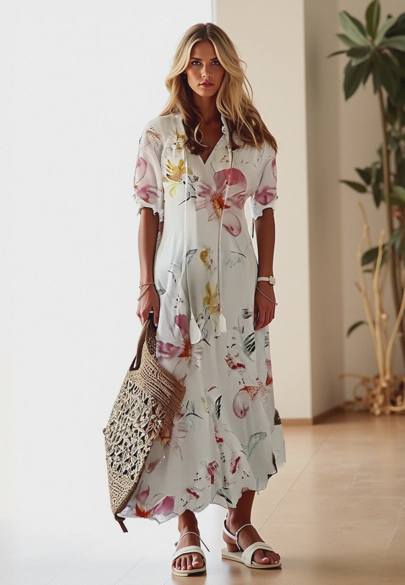 Zomerse maxi-jurk in boheemse stijl, licht en vloeiend, ideaal voor stranddagen en stadswandelingen, beige kleur.