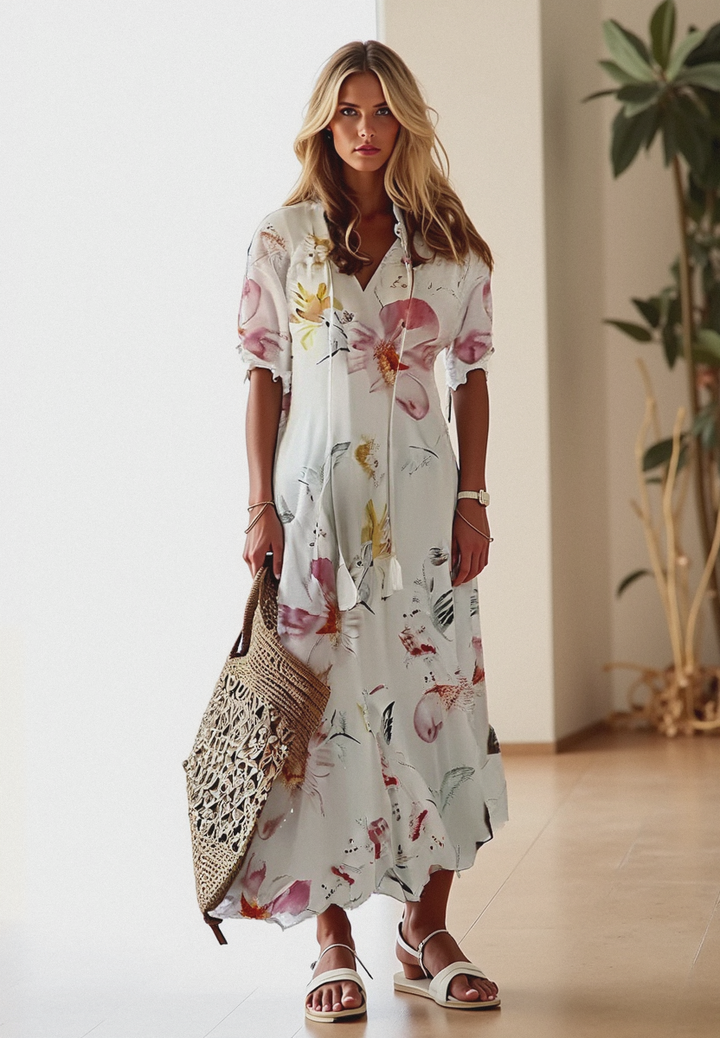 Zomerse maxi-jurk in boheemse stijl, licht en vloeiend, ideaal voor stranddagen en stadswandelingen, beige kleur.