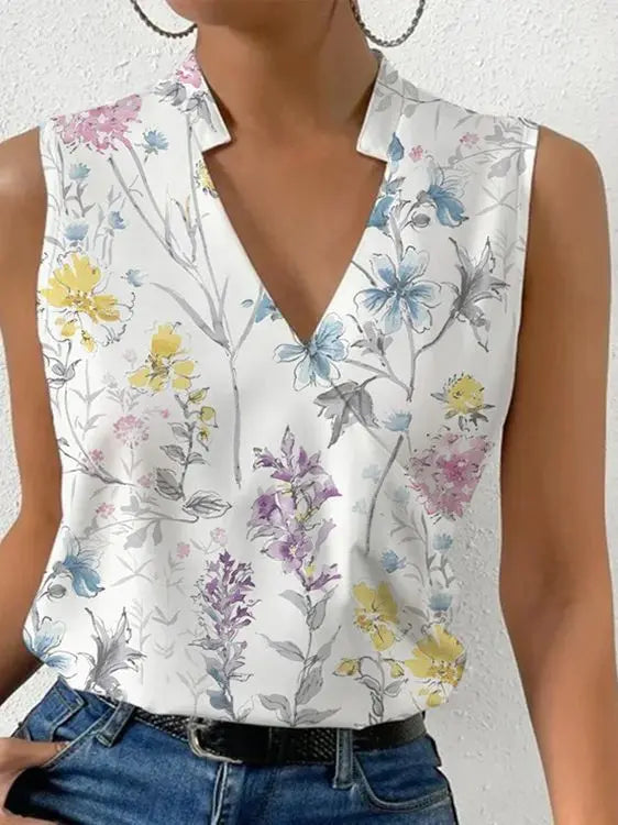 Zomerse, zachte damestop met V-hals, mouwloos, wit, luchtige stof. Perfect voor casual zomerlooks.