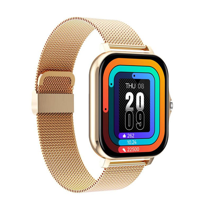 SOS Smartwatch met realtime vitaalbewaking, compact en stijlvol, verkrijgbaar in Goud, Grijs, Roze en Zwart.