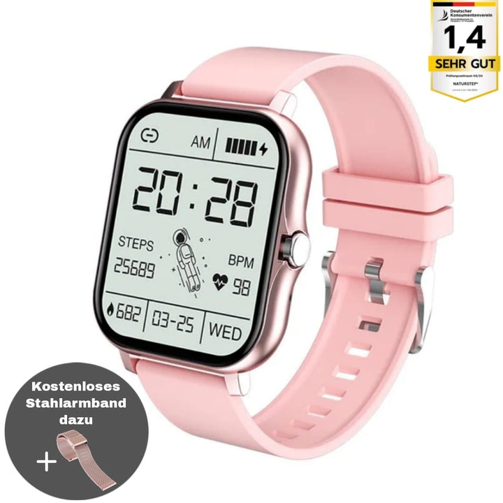 SOS Smartwatch met realtime vitaalbewaking, compact en stijlvol, verkrijgbaar in Goud, Grijs, Roze en Zwart.