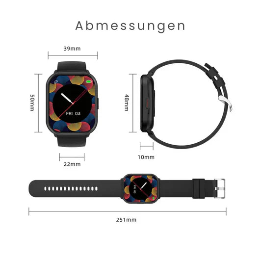 SOS Smartwatch met realtime vitaalbewaking, compact en stijlvol, verkrijgbaar in Goud, Grijs, Roze en Zwart.