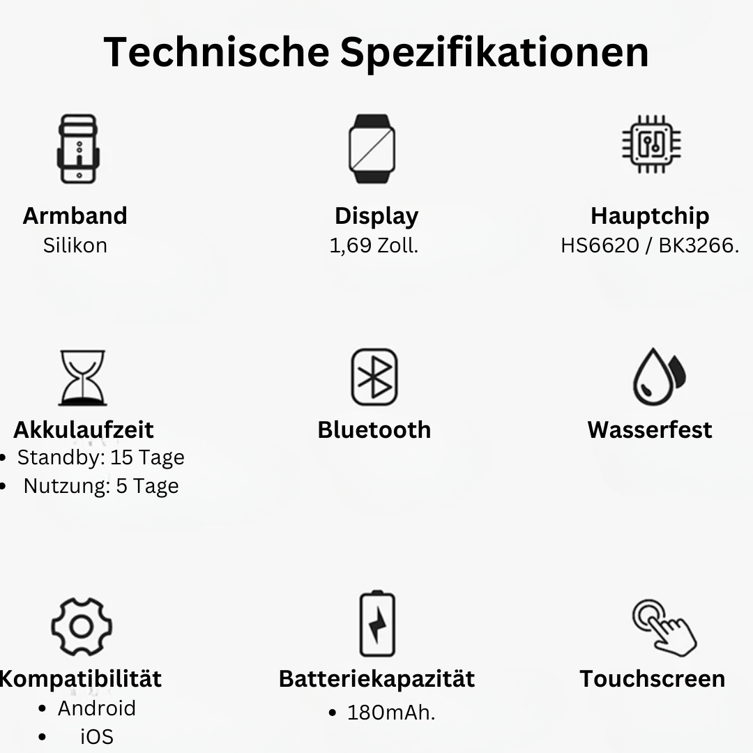 SOS Smartwatch met realtime vitaalbewaking, compact en stijlvol, verkrijgbaar in Goud, Grijs, Roze en Zwart.