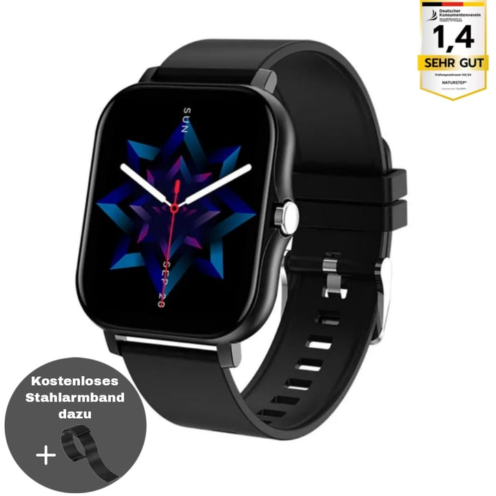 SOS Smartwatch met realtime vitaalbewaking, compact en stijlvol, verkrijgbaar in Goud, Grijs, Roze en Zwart.