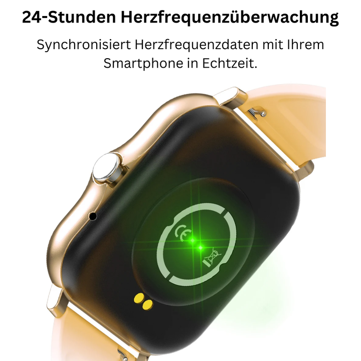 SOS Smartwatch met realtime vitaalbewaking, compact en stijlvol, verkrijgbaar in Goud, Grijs, Roze en Zwart.