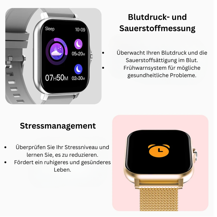 SOS Smartwatch met realtime vitaalbewaking, compact en stijlvol, verkrijgbaar in Goud, Grijs, Roze en Zwart.