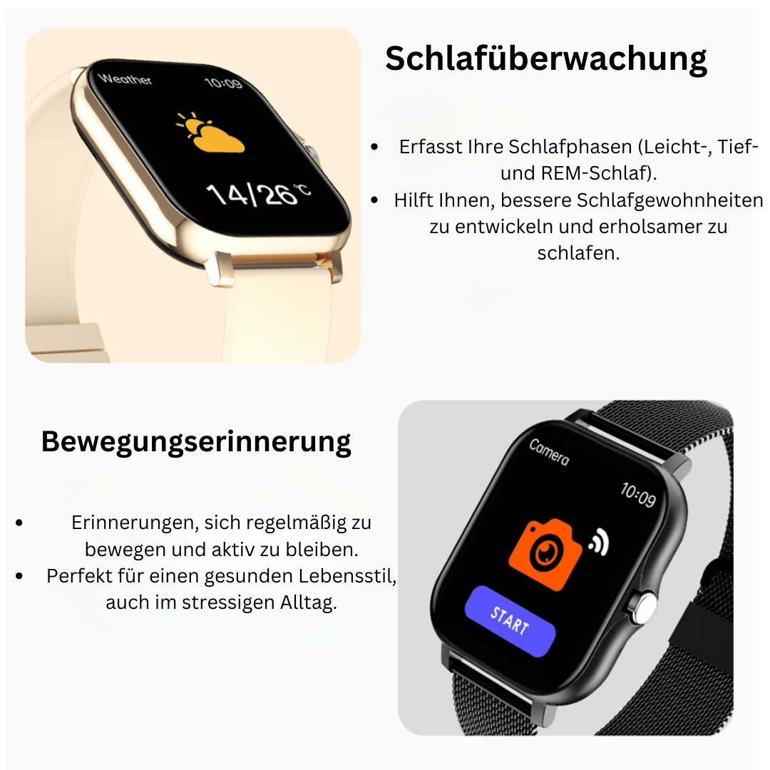SOS Smartwatch met realtime vitaalbewaking, compact en stijlvol, verkrijgbaar in Goud, Grijs, Roze en Zwart.