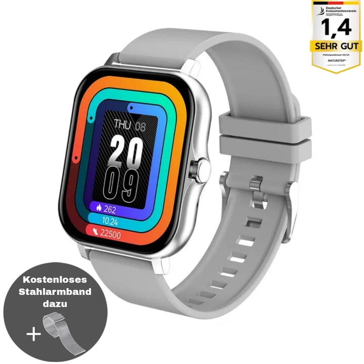 SOS Smartwatch met realtime vitaalbewaking, compact en stijlvol, verkrijgbaar in Goud, Grijs, Roze en Zwart.