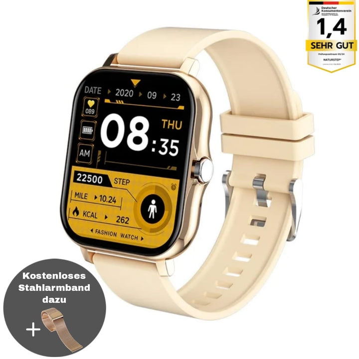 SOS Smartwatch met realtime vitaalbewaking, compact en stijlvol, verkrijgbaar in Goud, Grijs, Roze en Zwart.