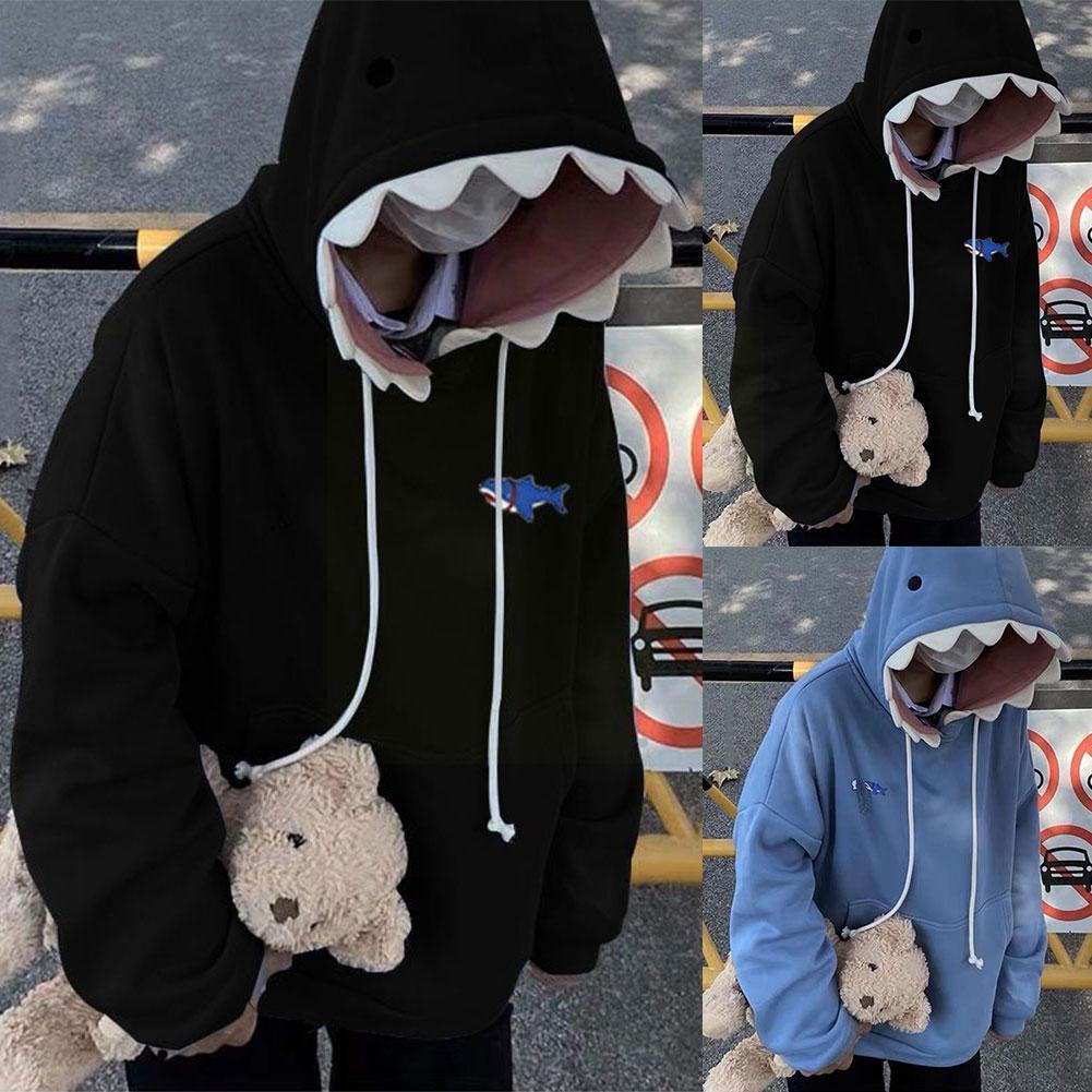 Haai hoodie in blauw en zwart, unisex trui met capuchon, comfortabele en trendy streetwear kleding.