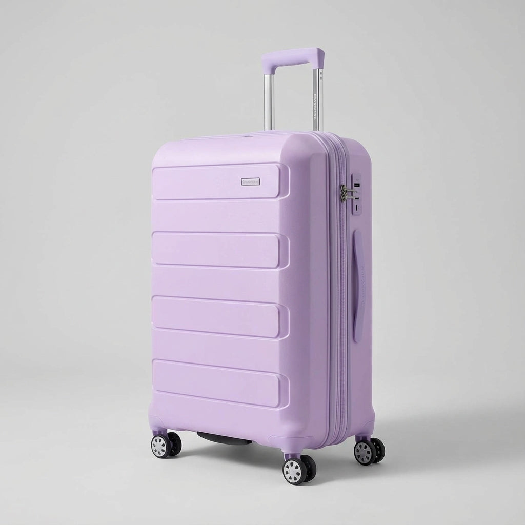 Hand pakt telescopisch handvat van SpinCore hardshell spinner koffer. Comfortabele reisbagage.