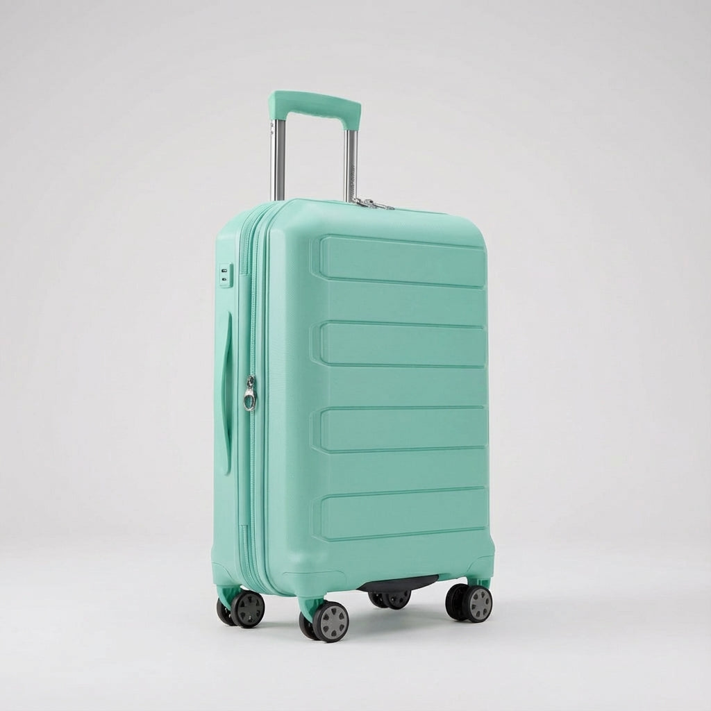 SpinCore hardshell spinner koffer op de luchthaven. Klaar voor zorgeloos reizen met duurzame bagage.