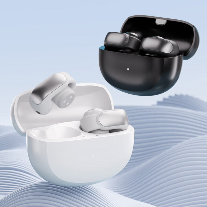 Sportkoptelefoon open oor, Bluetooth 5.3, zwart, lange batterijduur, ideaal voor sport en buitenactiviteiten.
