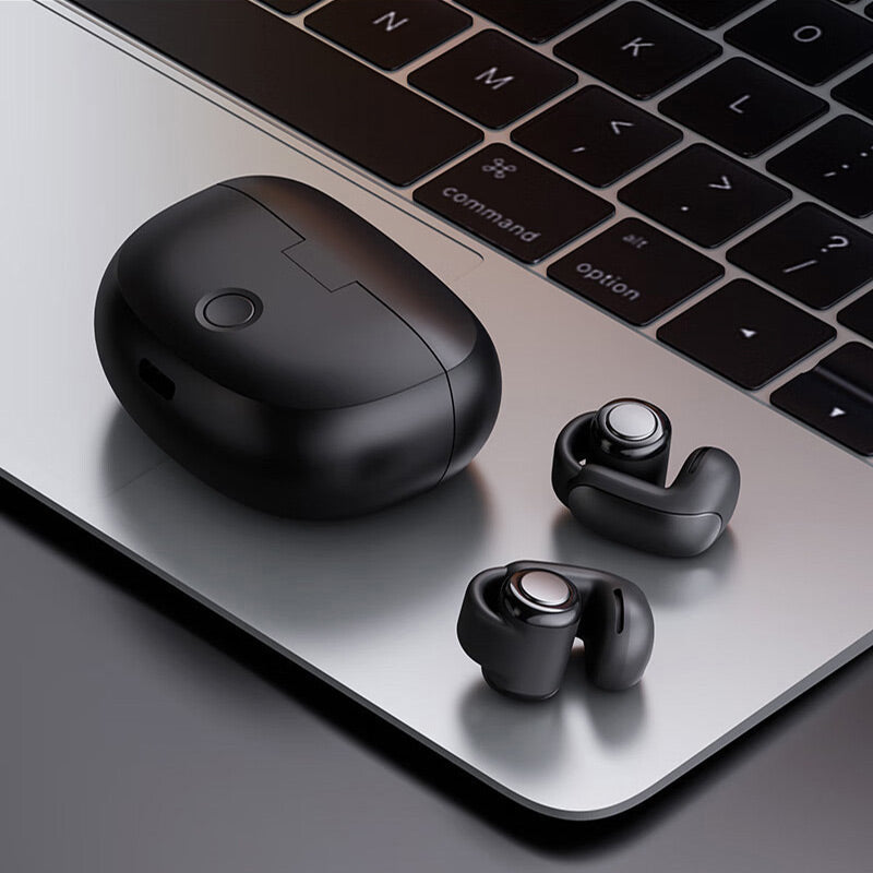 Sportkoptelefoon open oor, Bluetooth 5.3, zwart, lange batterijduur, ideaal voor sport en buitenactiviteiten.