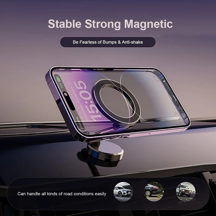 Magnetische smartphonehouder voor auto met 360° rotatie, opvouwbaar en verstelbaar voor handsfree navigatie.