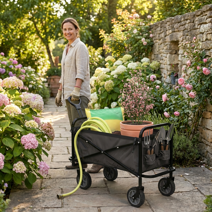 Compacte vouwkar AM1, ideaal voor eenvoudig transport van bagage, boodschappen en strandspullen.