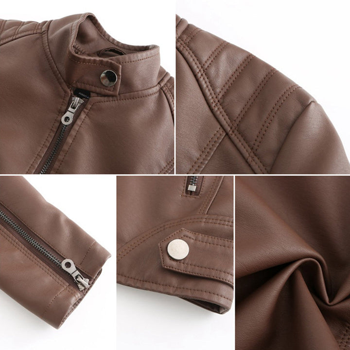 Trendy leren damesjack Romy, een onmisbaar item voor een stijlvolle en modieuze look het hele jaar door.
