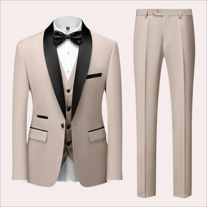 Stijlvol driedelig herenpak voor zakelijke en formele gelegenheden, compleet met colbert, gilet en pantalon.