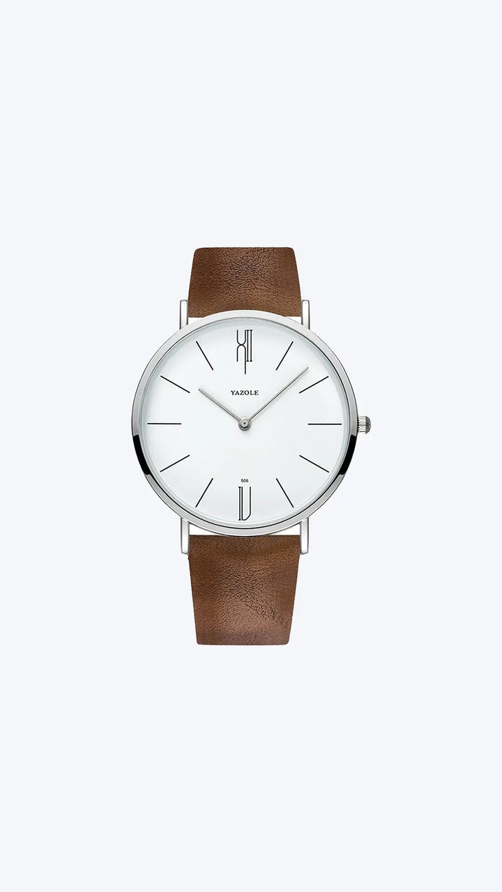 Close-up van het stijlvolle 'Henry' heren horloge, toont de elegante wijzerplaat.