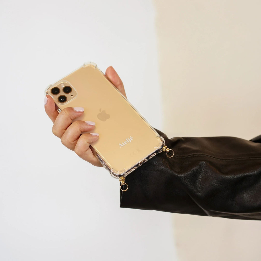 Duurzaam TPU beschermhoesje voor iPhone, de Lily, met koordhaken; praktisch accessoire voor mobiele bescherming.