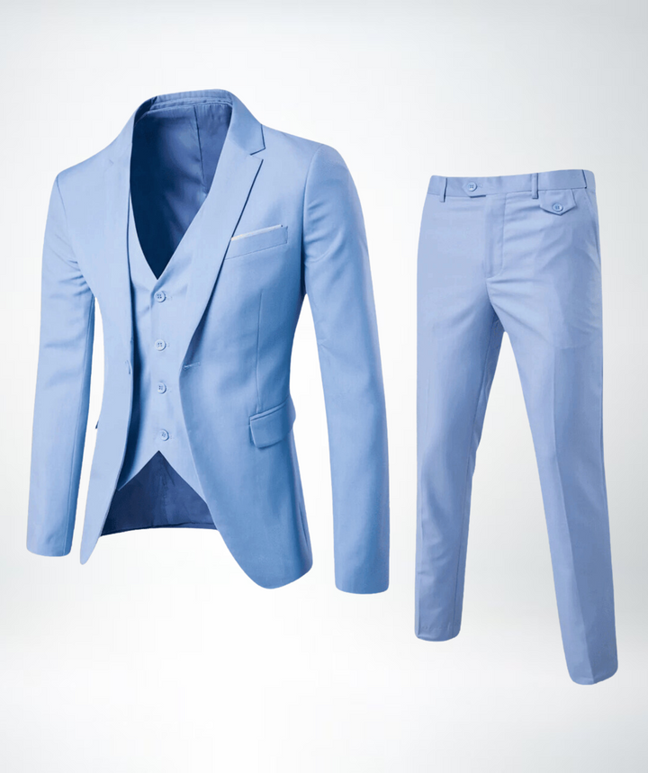 Klassiek Lucas driedelig herenpak, tijdloos design voor een elegante en zelfverzekerde look. Comfortabele pasvorm.