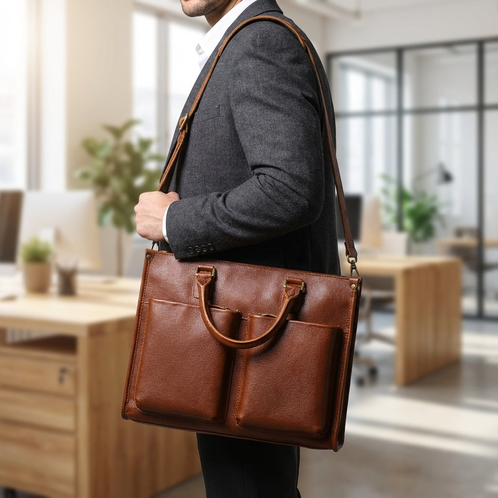 Stijlvolle bruine Leatheron aktetas voor mannen en vrouwen; ruime zakelijke laptoptas met schouderriem.