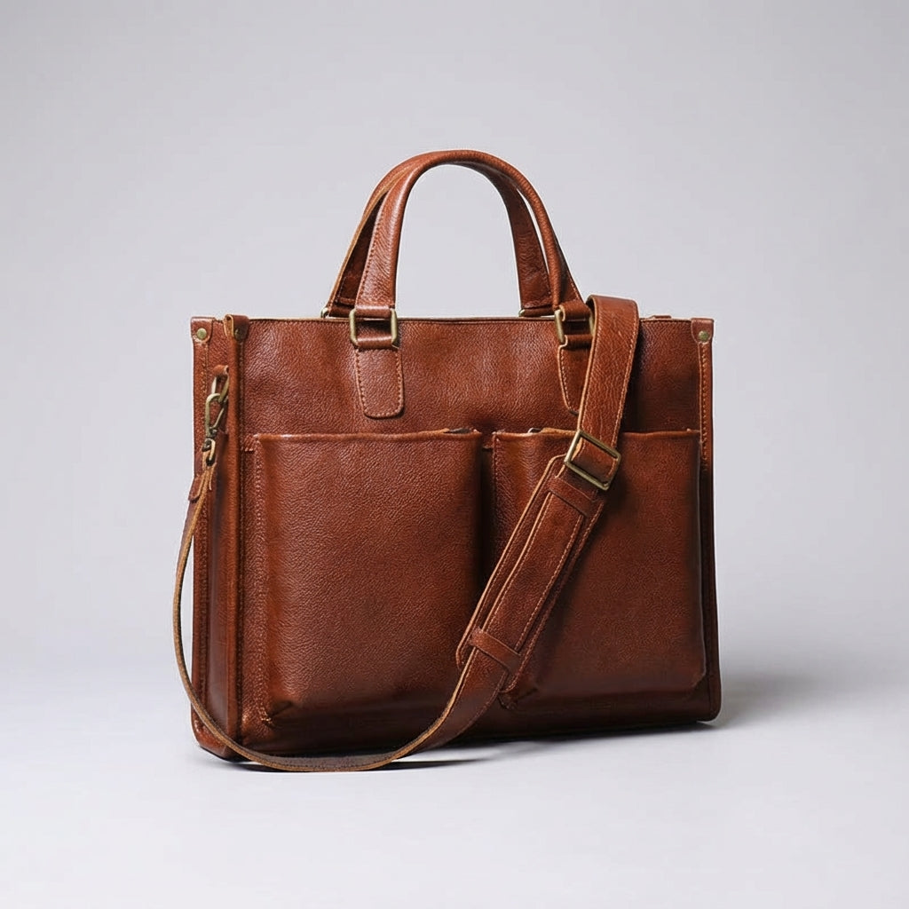 Elegante heren & dames aktetas in bruin Leatheron, professionele kantoortas voor optimale organisatie.