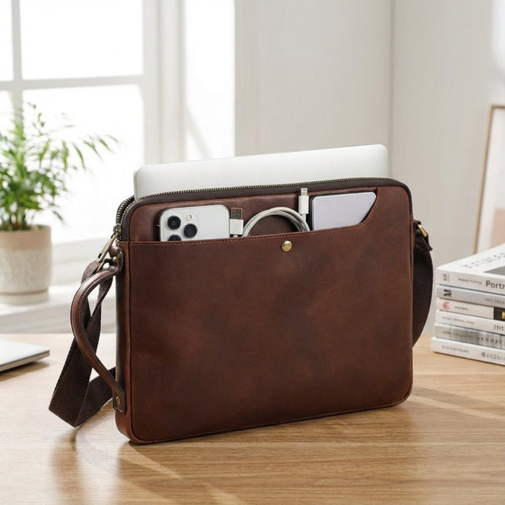 Stijlvolle bruine leren heren laptoptas (Leatherix) voor bescherming en elegantie. Perfect als aktetas.