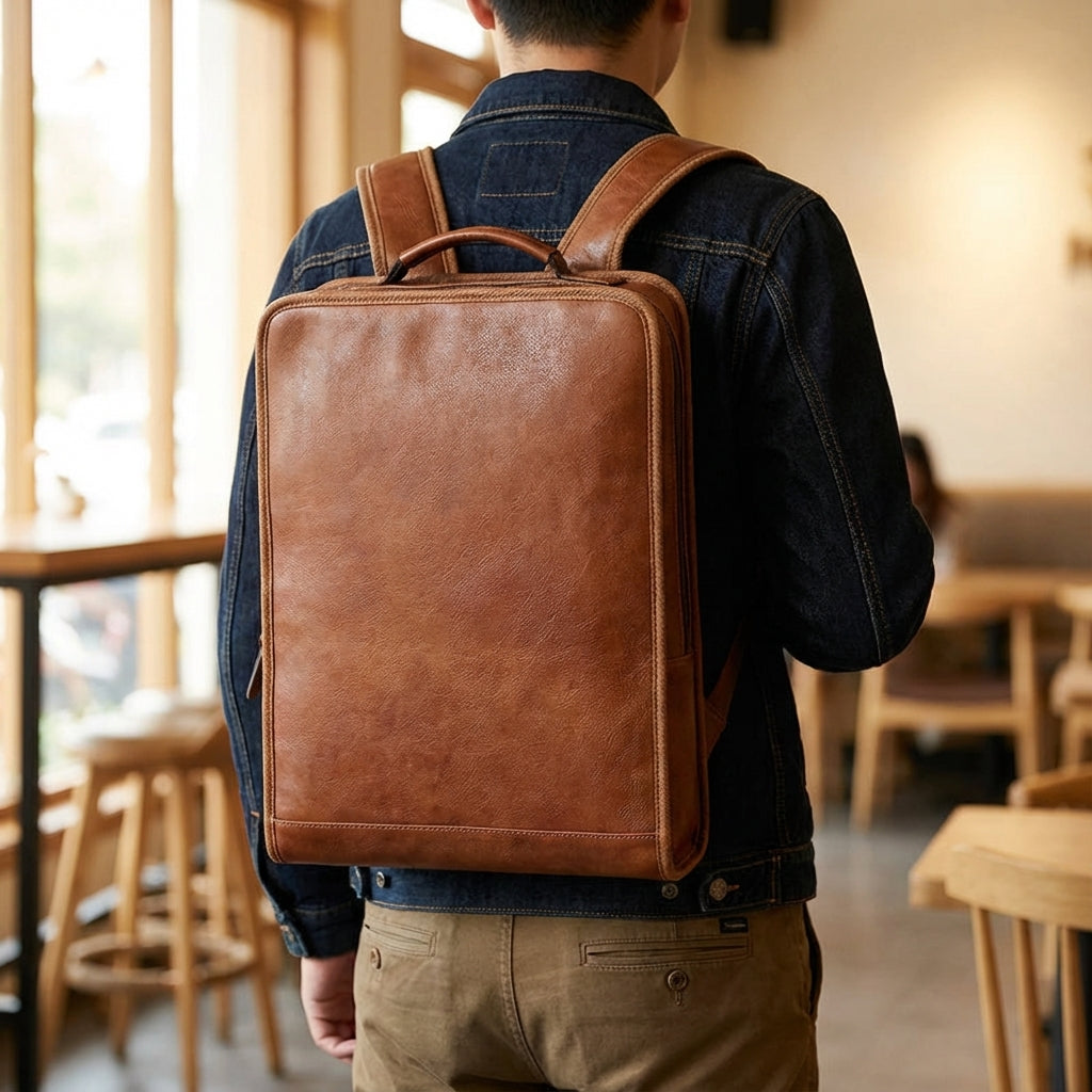 Stijlvolle bruine MetroTote laptop rugzak voor 16 inch, unisex, gestructureerd, perfect voor zaken en school.