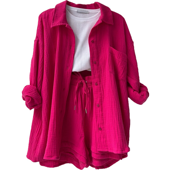 Zomerse dames co-ord set met losse pasvorm, een stijlvolle en ademende outfit voor warme dagen.