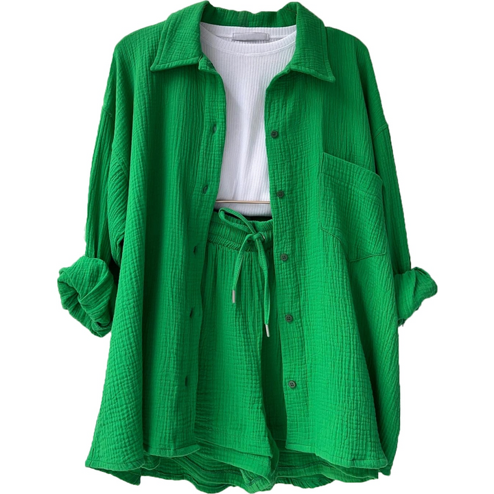 Deze stijlvolle dames zomer set van katoen biedt luchtig comfort en een trendy casual chic look.