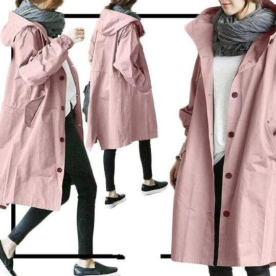 Comfortabele lange damesjas met capuchon in grote maten, warm en stijlvol voor dames.