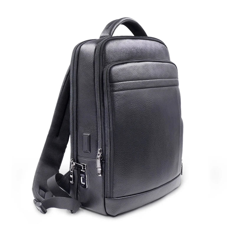 Stijlvolle heren leren rugzak met anti-diefstal vingerafdrukslot voor veilige opslag.