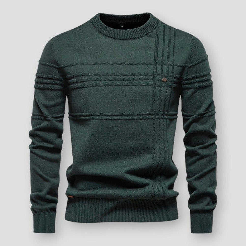 Moderne herenmode: een elegante ronde hals trui voor een stijlvolle en comfortabele uitstraling.