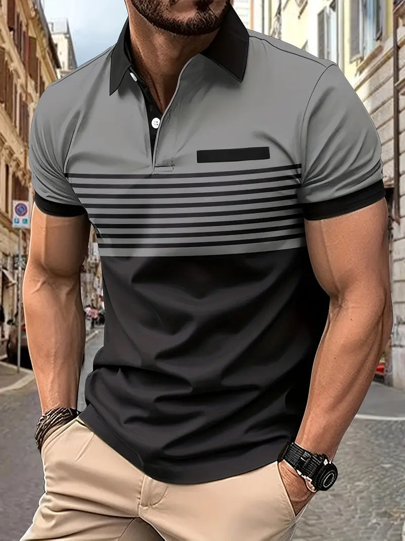 Detailfoto van een klassieke herenpolo met korte mouw, slim fit pasvorm voor een nette uitstraling.