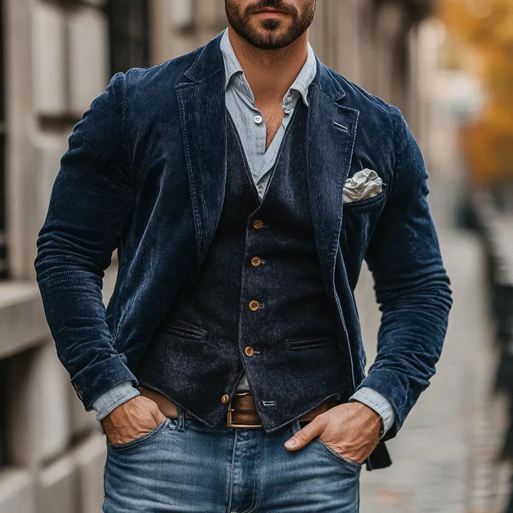 Stijlvolle herenset Victor: retro jasje en gilet. Perfect voor casualchic herenmode.
