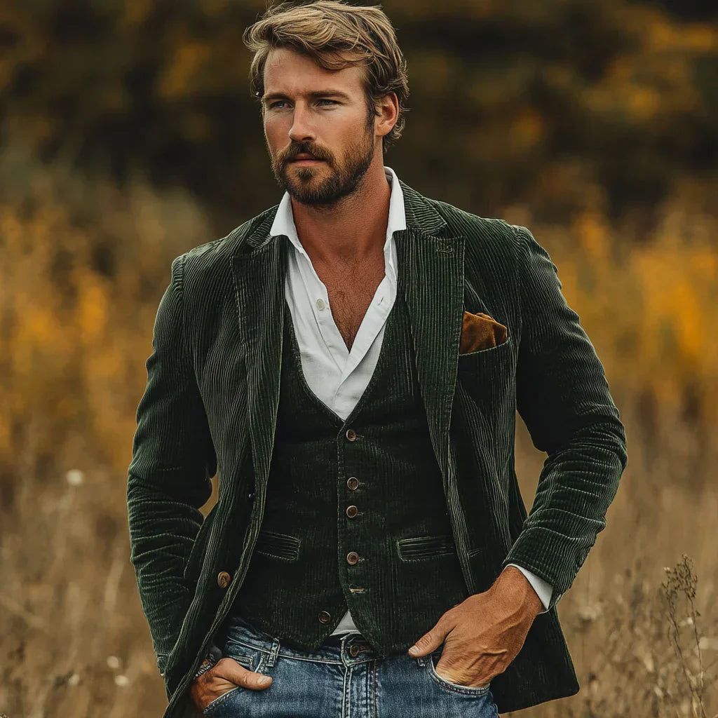 Mannenmode: retro herenset Victor met stijlvol jasje en bijpassend gilet voor een klassieke look.