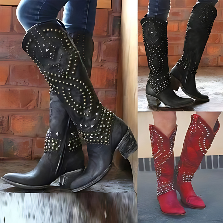 Modieuze hoge dameslaarzen met studs, ideaal voor een trendy herfst- of winteroutfit. Comfortabele damesschoenen.