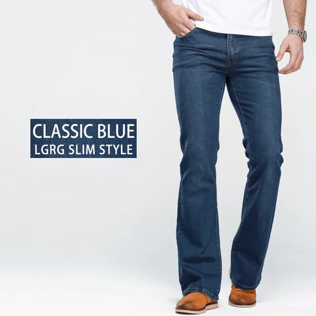 Tailleband detail van de zwarte Lucas heren bootcut jeans, slim fit. Hoge kwaliteit comfortabele spijkerbroek.