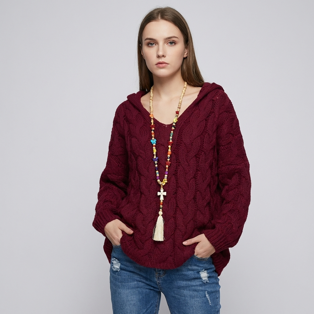 Stijlvolle oversized dames trui met kabelgebreid patroon en v-hals, perfect voor herfst en winter. Van comfortabel polyester.