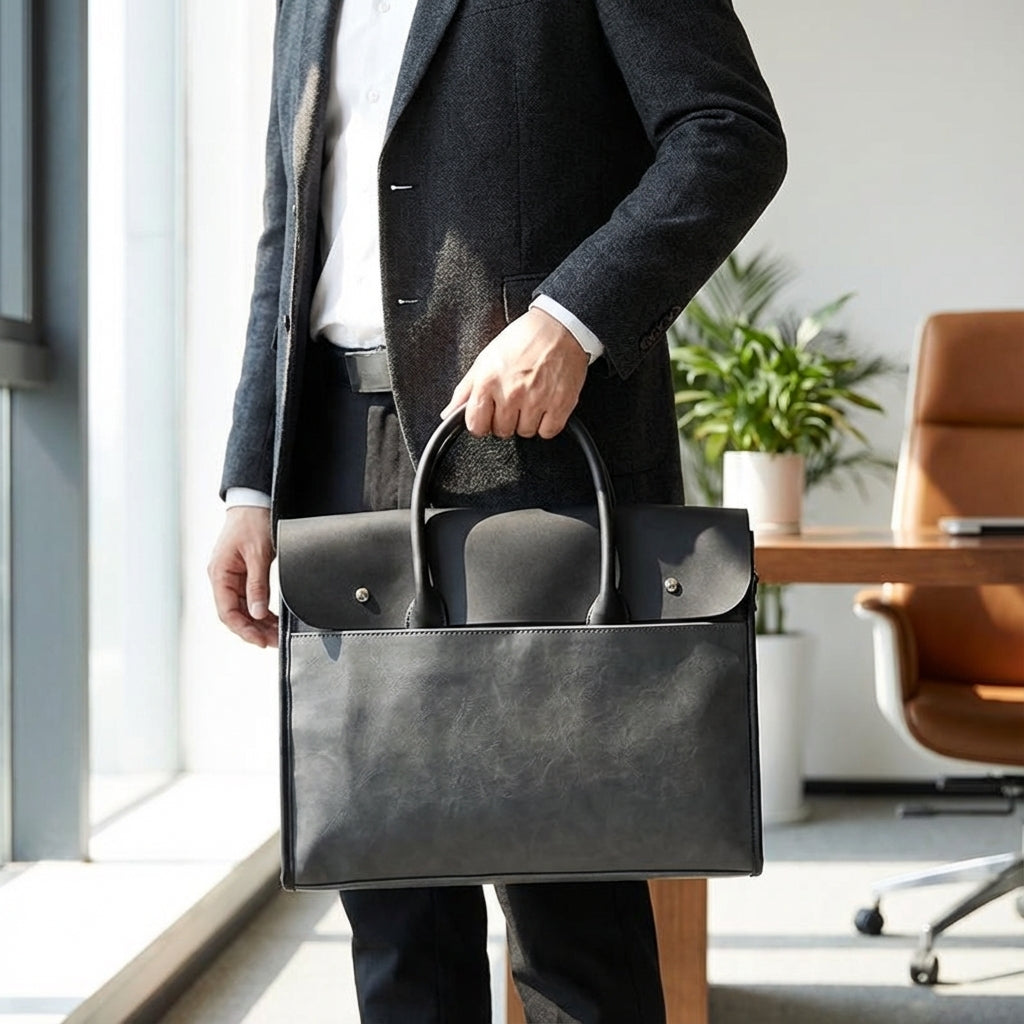 Stijlvolle RetroCarry heren laptoptas van bruin PU leer, ideaal voor 14 inch laptop en zakelijke benodigdheden.
