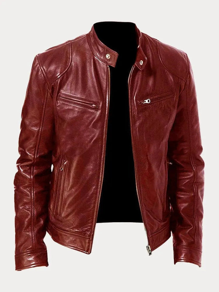 Close-up van het textuurmateriaal van de stijlvolle heren biker jas; comfortabel en duurzaam voor herenmode.