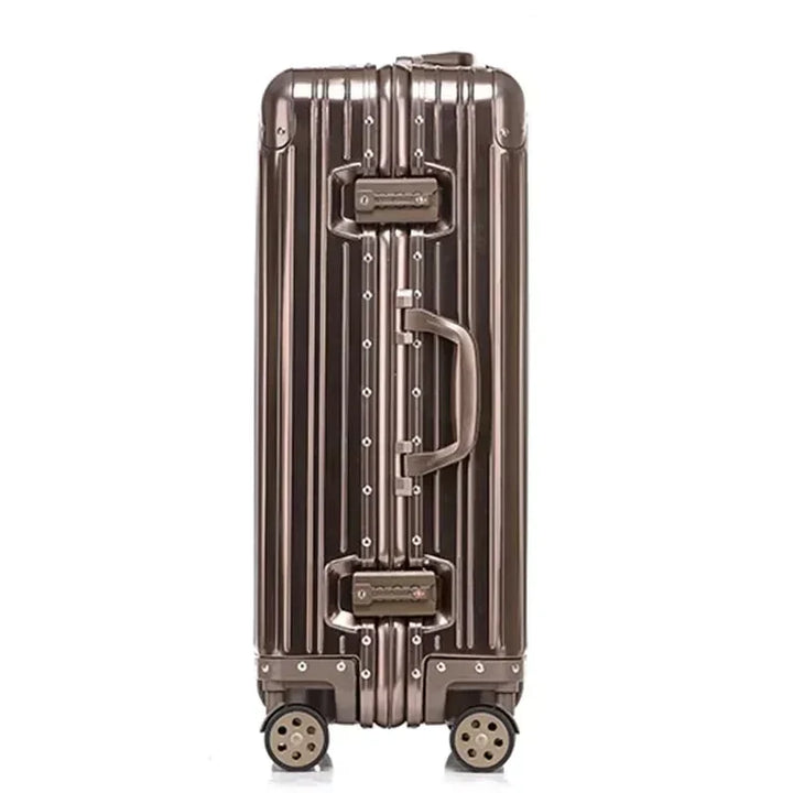 Veilige aluminium magnesium reiskoffer met TSA slot en 360° draaiende wielen, ideaal voor zorgeloze reizen.