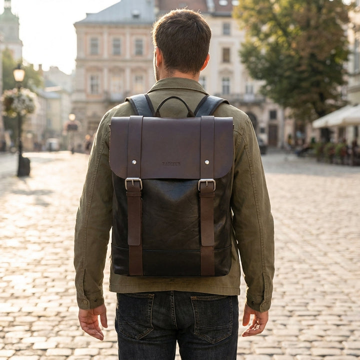 Stijlvolle Velluno unisex waterdichte leren rugzak, ideaal voor werk & reizen. Donkerbruine laptoptas.